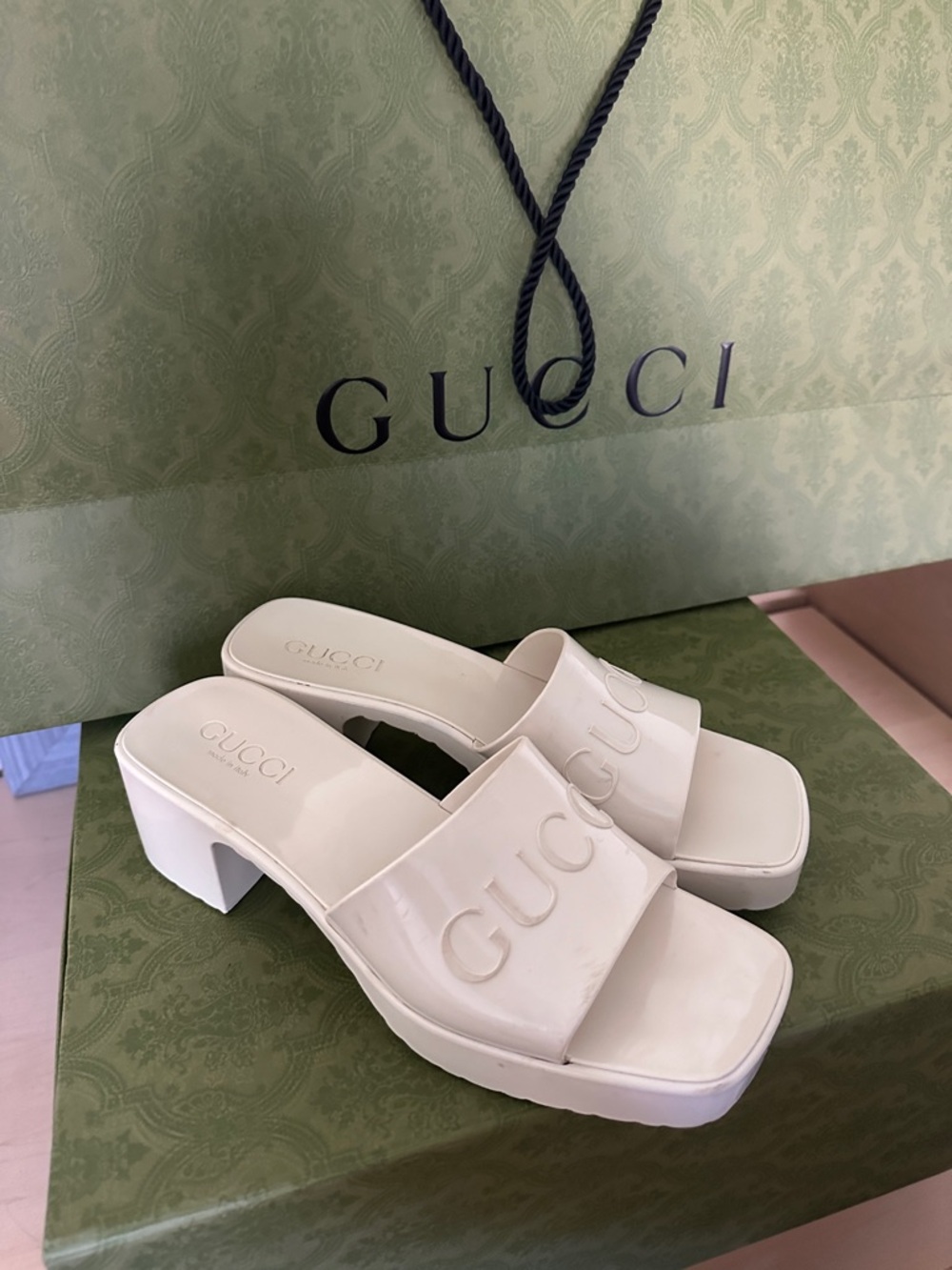 Gucci White Embossed Logo Slide Mules - Picture 6 of 10